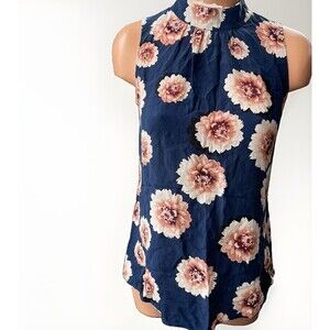 Emerson Rose Navy Blue Silk Floral Blouse Size XS Top Sleeveless
